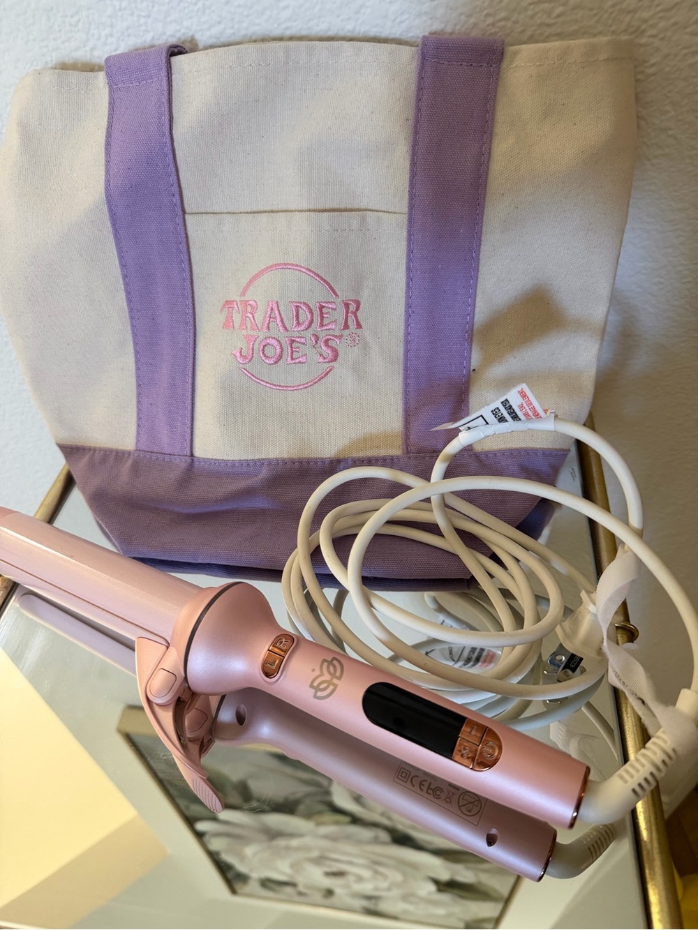 Lavender Canvas Tote with Pink Hair Curler used